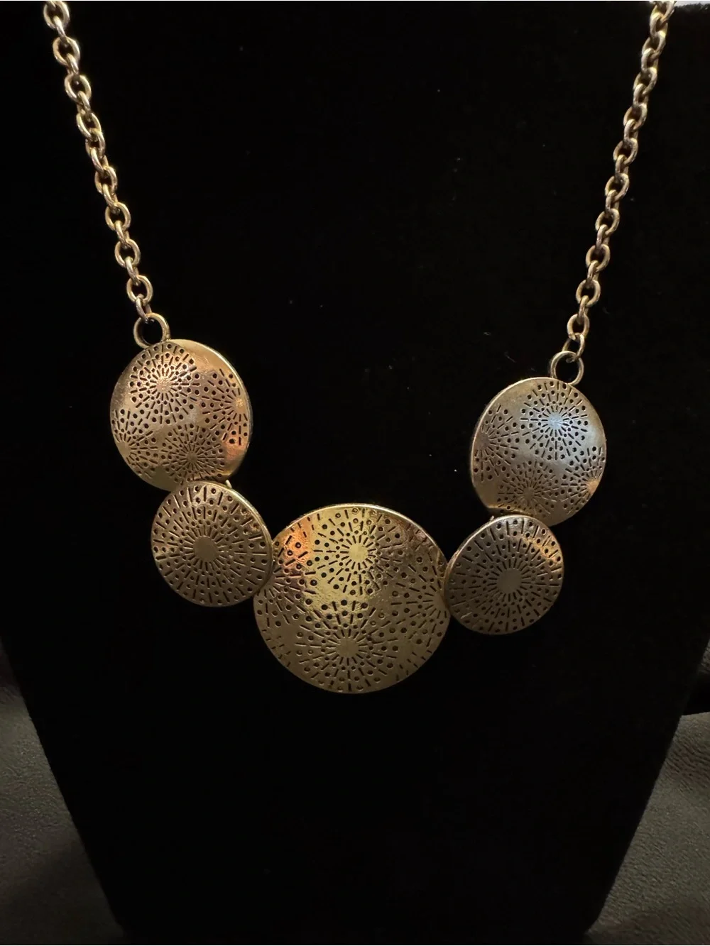 Brass Etched Starburst Disc Bib Necklace 19” + Extender